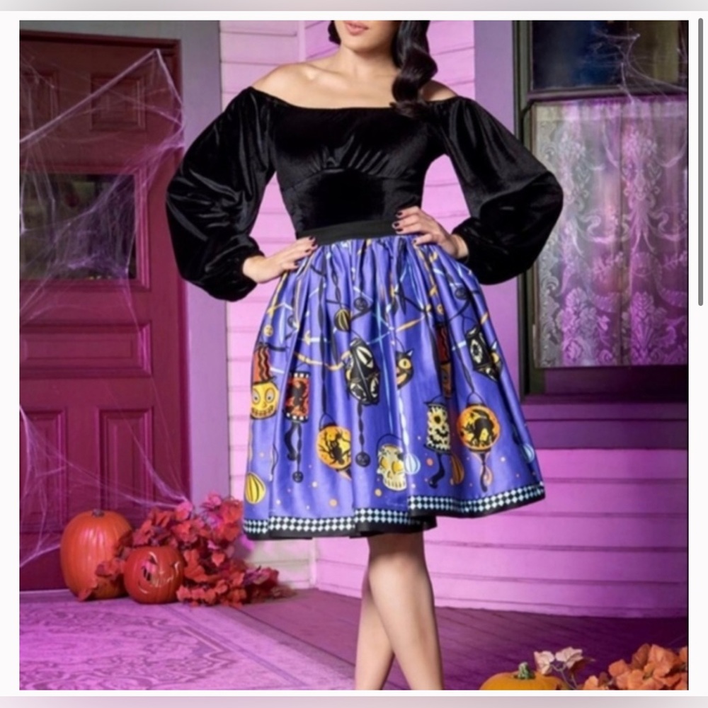 NWT Rare Pinup Couture Jenny Skirt in Halloween Lantern Border Print Large